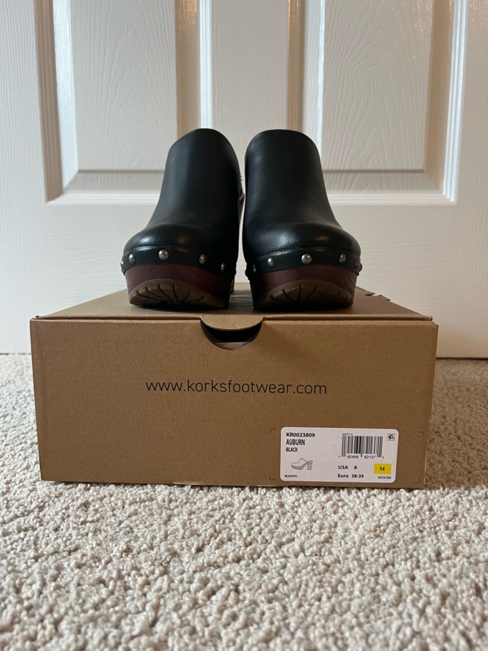Korks Black Leather Clog Mules with Studded Wood Heel